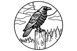 raven on a post in forest silhouette with trees and clouds vector