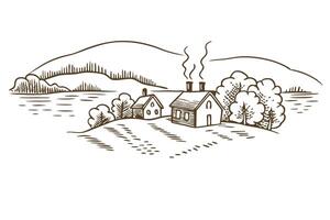 rural landscape sketch with rustic houses and trees on rolling hills by a serene river vector