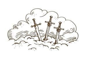 Medieval swords in stone, cloud background historic fantasy, power, and legend symbol vector