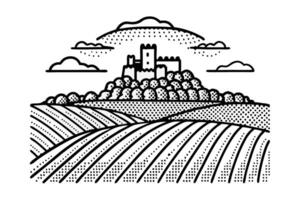 scenic castle on hilltop, surrounded by trees and fields, under cloudy sky vector