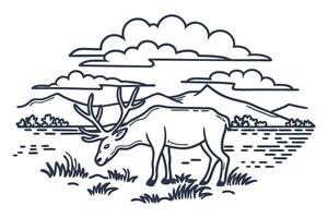 Deer grazing by lake with mountain and cloudy sky in rustic landscape drawing vector