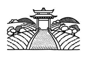 traditional japanese torii gate on scenic landscape, hills and trees in minimalist illustration vector