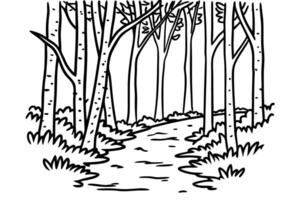 monochrome forest path drawing serene woods with tall trees and curved trail vector