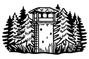 Wooden watchtower surrounded by forest trees, rustic wilderness scene ink illustration vector