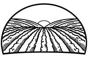 Sunset over stylized landscape of rolling fields and hills, linear black and white design vector