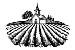 rural church on farmland with rows and tree, classic countryside scene in black and white illustration vector
