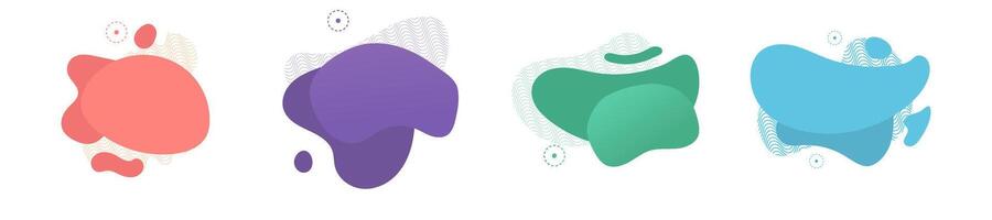 Four abstract shapes in coral, purple, green, and blue. Each features wavy lines and small circles. Minimalist, modern design elements. vector