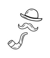 Silhouettes of a mustache, a bowler hat, and a smoking pipe. A set of illustrations. Vintage accessories for gentlemen. Men's fashion and style. Highlighted on a white background vector