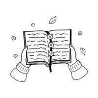 An open book in his hands, a contour drawing. hand drawn contour illustration of the book in his hands. An open book in his hands with a bookmark of flowers vector