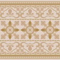 Ancient Elegance Border With Fleur de lis Scroll Design in Gold on Medium Beige Background. Luxury Greek Pattern Inspired from Nature Light Sepia Style for Opulence Decoration Silk Weaves Embroidery vector