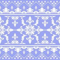 Beautiful Intricate Triangle Fleur De Lis Style with White Ornament on Lavender Background Seamless Border Pattern. Luxury Grand Scroll Diamond Shape Design for Silk Embroidery Fashion Rich Geometric vector