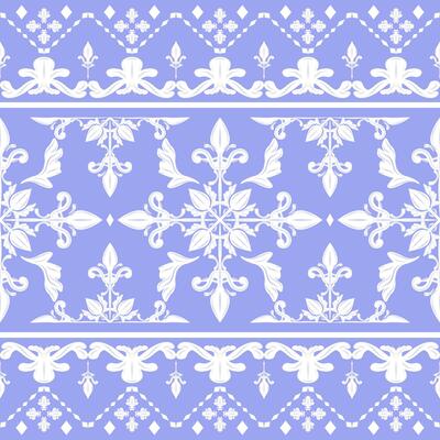 Beautiful Intricate Triangle Fleur De Lis Style with White Ornament on Lavender Background Seamless Border Pattern. Luxury Grand Scroll Diamond Shape Design for Silk Embroidery Fashion Rich Geometric