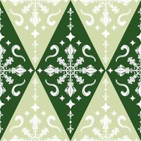 Seamless Diamond Shape Argyle Style with Classy Victorian Scroll Ornament Decoration Seamless Repeat Pattern with White Filigree on Green Shades Background. Elegance Timeless Rich Design for Wallpaper vector
