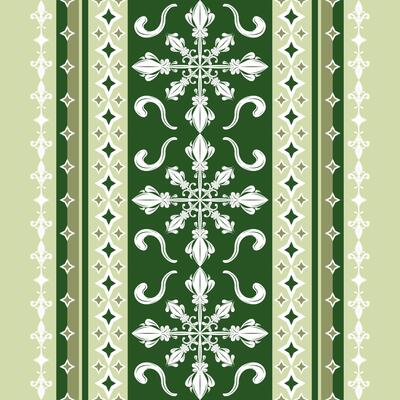 Elaborate Royal Deep Green Stripe Border with Starry Stars Decoration in Victorian Scroll Ornament Design. Whitework Silk Brocade Embroidery Seamless Border Pattern Beautiful Medieval Textiles Apparel