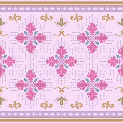 Elegance Unity Victorian Silk Weaves Seamless Repeat Classy Border Pattern Design for Colorful Exquisitely Embroidery Pink Gold Blue on Light Violet Background. Fleur de lis Detailed Florals Stripe