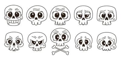 Set of funny cartoon skulls with different emotions, on white background vector