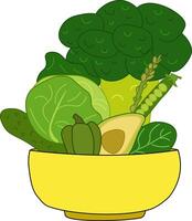 Green salad of fresh green vegetables broccoli, avocado, pepper in a transparent salad bowl object isolated on a white background. For logo, web, package, sticker. Eat green vector