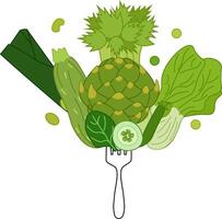 Fork with green vegetables composition. flat illustration with spinach, zucchini, shallots, bok choy, celery, cucumber, artichoke, peas. Ideal for menu and package designs. Eat green vector