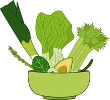 Salad bowl with bock choi, cucumber, zucchini, and other green vegetables. flat composition for printed or web graphic, for infographics to illustrate healthy lifestyle or vegan, vegetarian vector