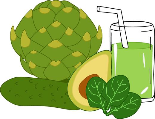 Farm fresh vegetables green smoothies recipe. flat composition of asparagus, avocado, cucumber. Organic food, natural eco products. illustration for banner, poster, menu, social media, web design