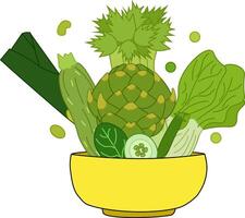Green salad of fresh green vegetables in a transparent salad bowl object isolated on a white background. For logo, web, package, sticker. Eat green vector
