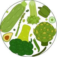 Farm fresh green vegetables, round shape composition form. Veggies colorful flat icons on isolated background. Circle card for banner, poster, menu, social media, web design vector