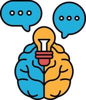 A brain with a light bulb in it is surrounded by two speech bubbles vector
