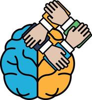 A cartoon drawing of a brain with two hands on it vector
