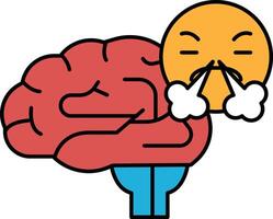 A cartoon brain with a red face and a red nose blowing its nose vector
