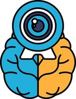A blue and orange brain with a camera lens in the middle vector