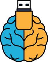 A brain with a yellow and blue side is shown with a USB drive in the middle vector