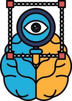 A blue and orange brain with a magnifying glass in the middle vector