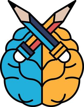 The image is a drawing of a brain with two pencils crossing over it vector
