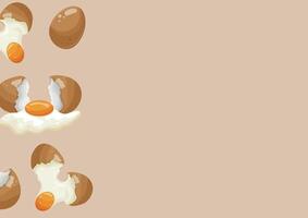 poster with various chicken eggs, namely broken eggs, eggshells and an egg that spreads on a brown background, for various advertising banners and advertisements vector