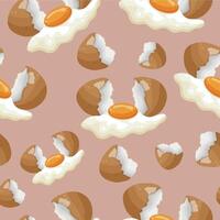 seamless pattern with icons of a broken, spilled chicken egg with a whole yolk on a brown background, for various designs vector