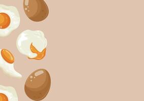 poster with various cooked chicken eggs, namely fried, boiled and eggs with liquid yolk on a brown background, for various advertising banners and advertisements vector