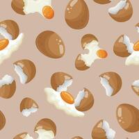 seamless pattern with various chicken eggs, namely with broken eggs, eggshells and an egg that spreads on a brown background, for various advertising banners and advertisements vector