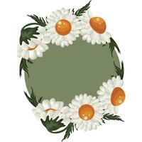 floral frame with various white daisies buds and with green leaves and a green circle in the middle, for greeting cards and designs vector