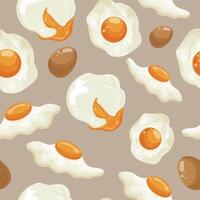 seamless pattern with various cooked chicken eggs, namely fried, boiled and eggs with liquid yolk on a brown background, for various advertising banners and advertisements vector