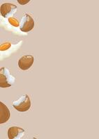 poster with icons of a broken, spilled chicken egg with a whole yolk with shells and a fried egg on a brown background, for various designs vector