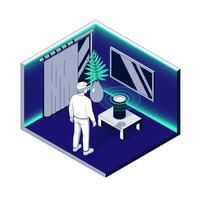 AI Powered Smart Home with Glowing Ambient Light Effects. Man uses a smart Backlight at Night. Isometric led backlight. illustration vector