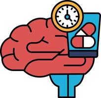 A cartoon of a brain holding a pill bottle and a clock vector