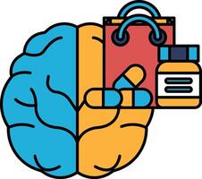 A brain with a shopping bag and a bottle of pills vector