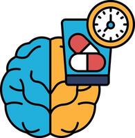A cartoon brain with a clock and pills on it vector