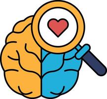 A brain with a magnifying glass over it with a heart in the middle vector