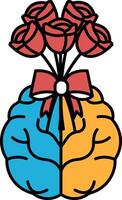 A brain with a bouquet of red roses in the center vector