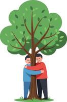 Two children hugging a large green tree in a joyful flat illustration vector