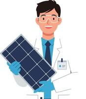 Scientist holding a solar panel in a lab, minimal design illustration vector