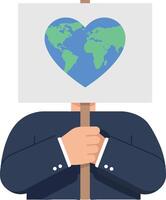 Person holding a sign with a heart-shaped globe in a minimal flat illustration vector