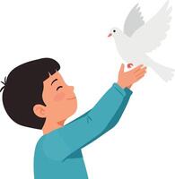 A joyful boy releasing a white dove with a flat and cheerful design style in art vector